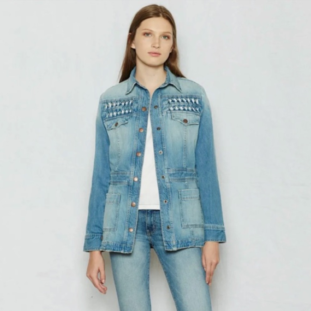 Current Elliott Retro Long Button Down Smocked The Festival Denim Jean Jacket